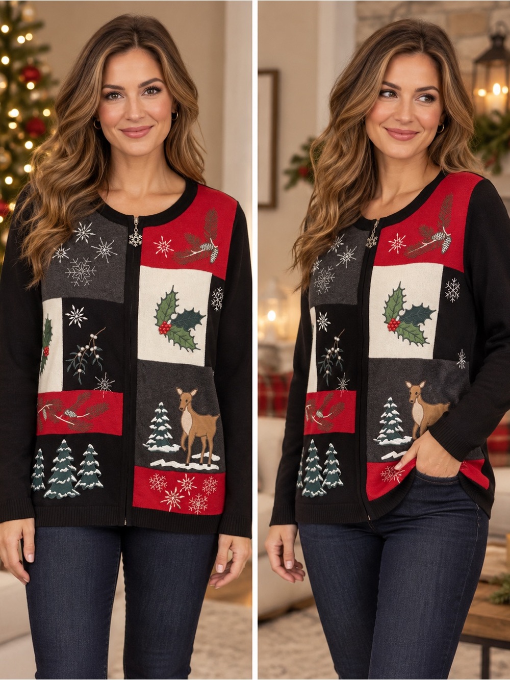 breckenridge Black & Red Holiday Patchwork Zip Cardigan Petite PM Christmas